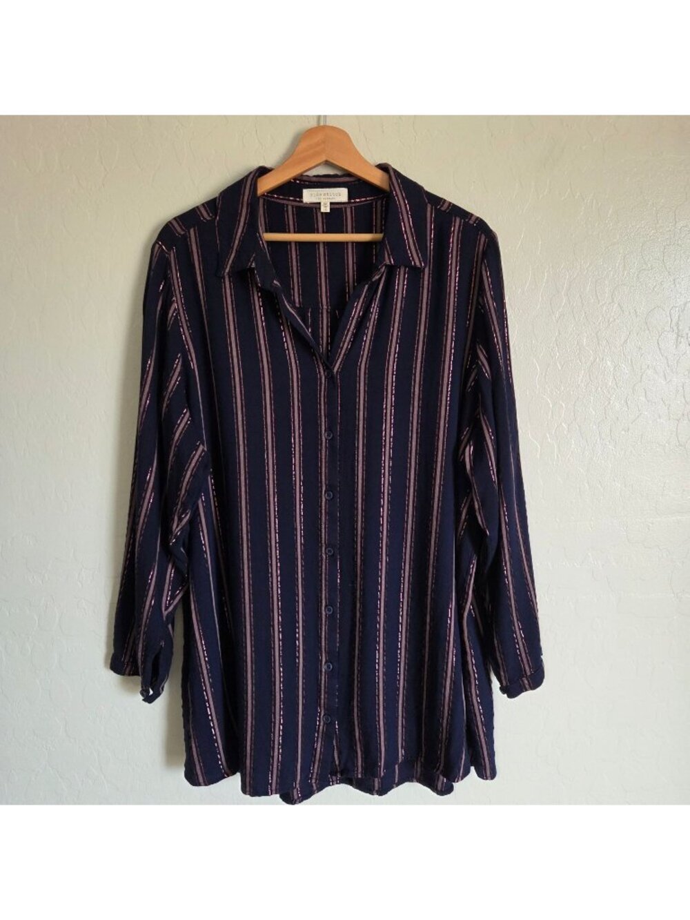 Side Stitch Metallic Striped Button Up Tunic Top Navy/Rose Gold Size Women's 1X